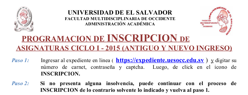 Calendario Inscripci&oacón Ciclo I -2015